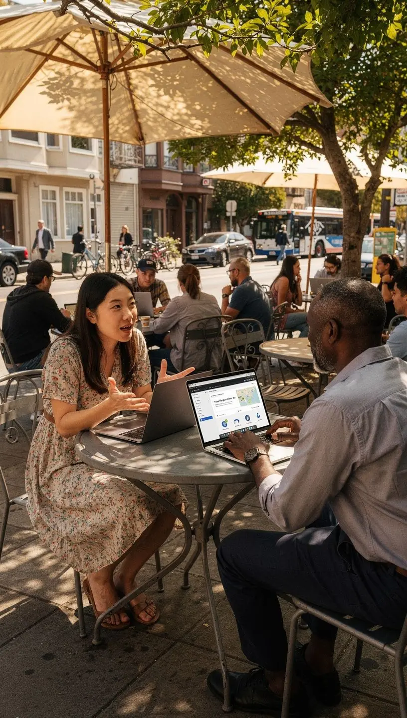 Local community members discussing cybersecurity in tech adoption.